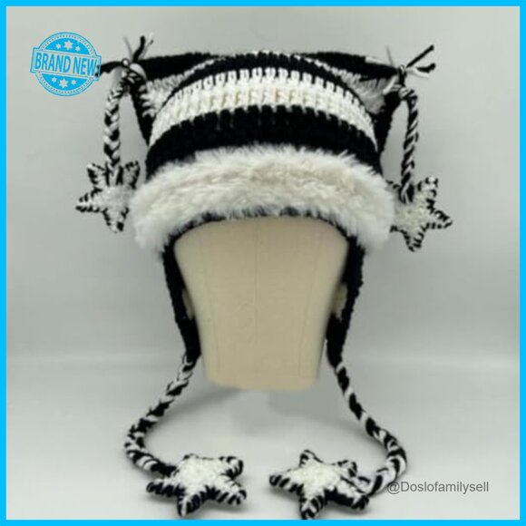 Y2K Cat Ear Beanie Goth Grunge Crochet Knit Hat Women\'s Winter Accessory